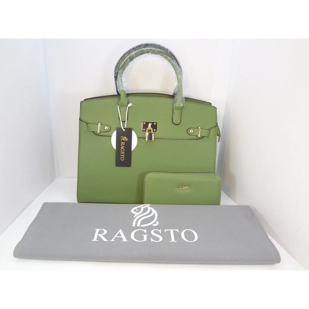 Ragsto Satchel Handbag Wallet Set Large Green New Pebbled Faux‎ Leather Padlock